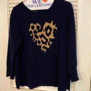 J Crew 100% Cashmere 3/4 Sleeve Lightweight Sweater Navy Leopard Heart M